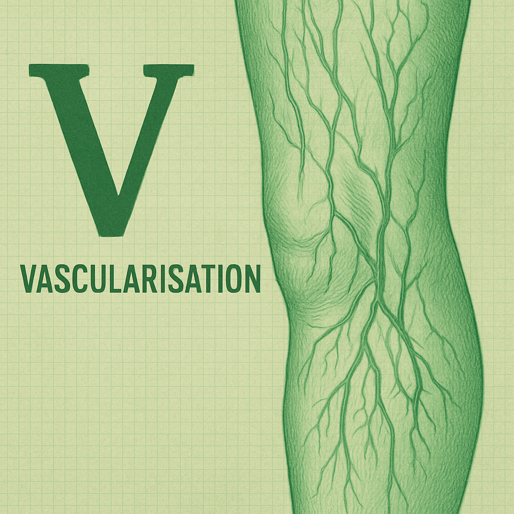 V  Vascularisation tem aparecer a palavra e a letra v em grade em tons verdes veias na perna